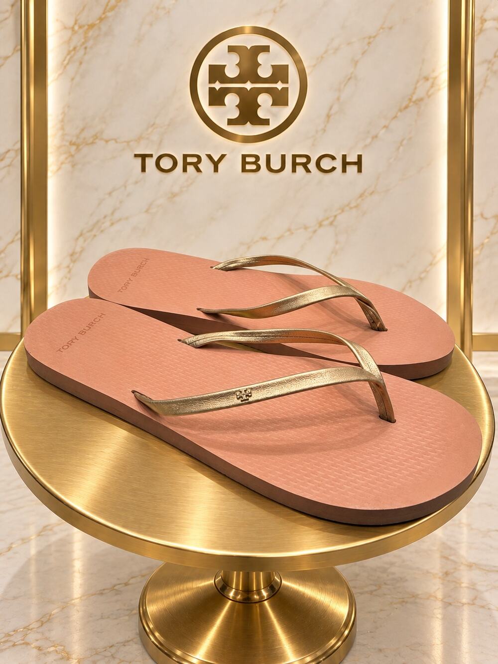 Tory Burch Classic Flip-Flop Shell Pink Gold Logo Leather Sandals Size 8
